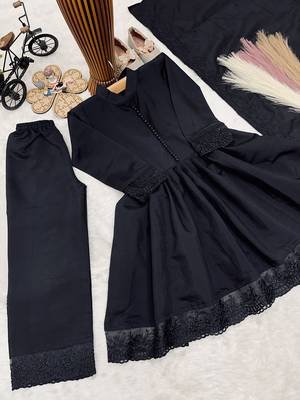 Girls black roman silk pleated anarkali kurta with palazzo & dupatta set 3