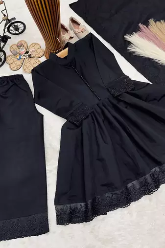 Girls black roman silk pleated anarkali kurta with palazzo & dupatta set