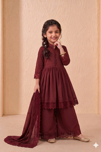 Girls maroon roman silk pleated anarkali kurta with palazzo & dupatta set