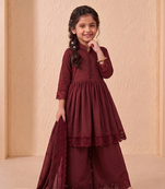 Girls maroon roman silk pleated anarkali kurta with palazzo & dupatta set