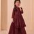 Girls maroon roman silk pleated anarkali kurta with palazzo & dupatta set