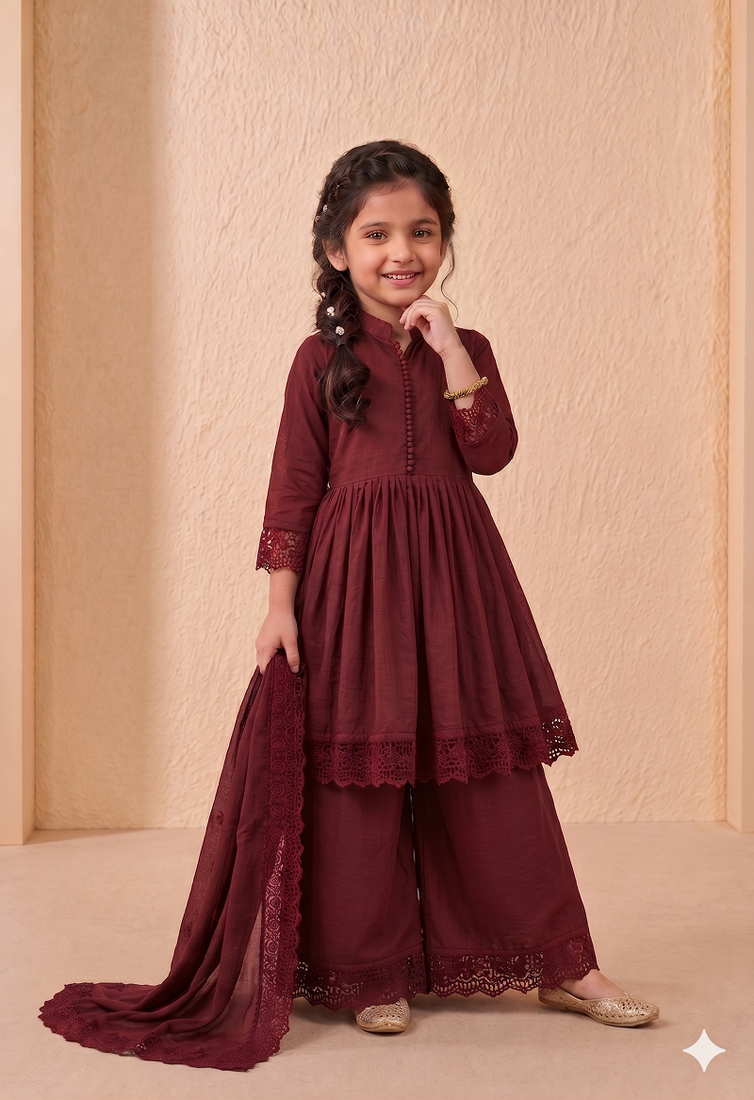 Girls maroon roman silk pleated anarkali kurta with palazzo & dupatta set