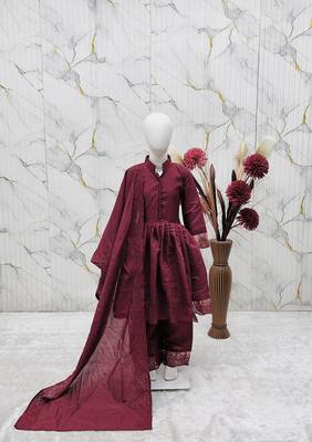 Girls maroon roman silk pleated anarkali kurta with palazzo & dupatta set 2