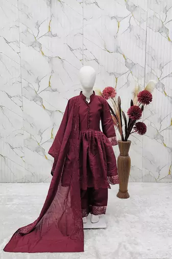 Girls maroon roman silk pleated anarkali kurta with palazzo & dupatta set