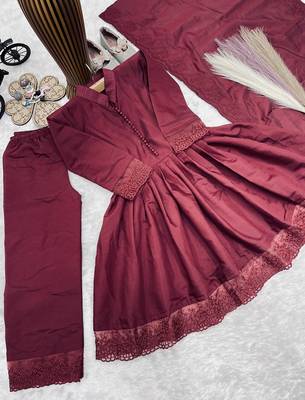 Girls maroon roman silk pleated anarkali kurta with palazzo & dupatta set 3
