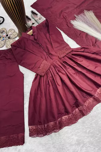 Girls maroon roman silk pleated anarkali kurta with palazzo & dupatta set