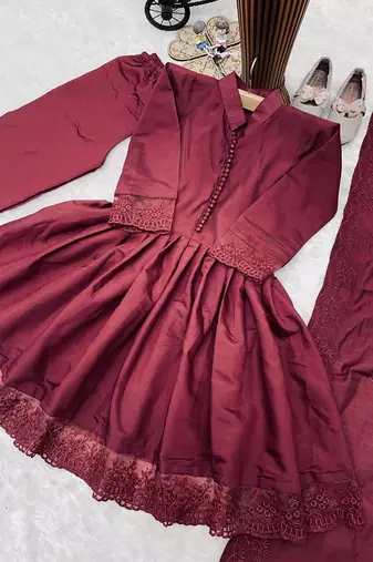 Girls maroon roman silk pleated anarkali kurta with palazzo & dupatta set