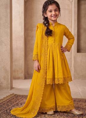 Girls yellow roman silk pleated anarkali kurta with palazzo & dupatta set 1
