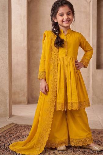 Girls yellow roman silk pleated anarkali kurta with palazzo & dupatta set