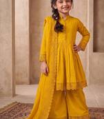 Girls yellow roman silk pleated anarkali kurta with palazzo & dupatta set