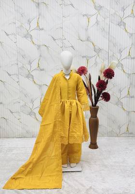 Girls yellow roman silk pleated anarkali kurta with palazzo & dupatta set 2