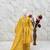 Girls yellow roman silk pleated anarkali kurta with palazzo & dupatta set