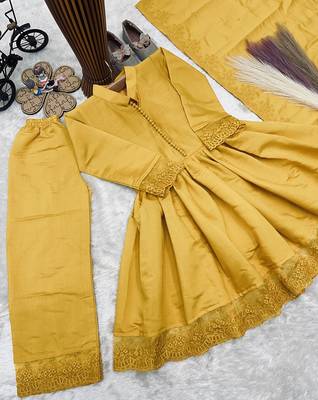 Girls yellow roman silk pleated anarkali kurta with palazzo & dupatta set 3