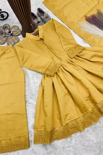 Girls yellow roman silk pleated anarkali kurta with palazzo & dupatta set