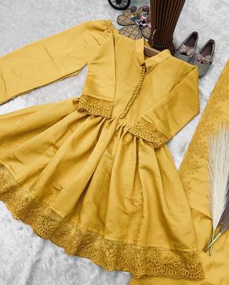 Girls yellow roman silk pleated anarkali kurta with palazzo & dupatta set 4