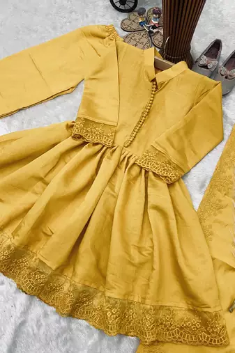 Girls yellow roman silk pleated anarkali kurta with palazzo & dupatta set