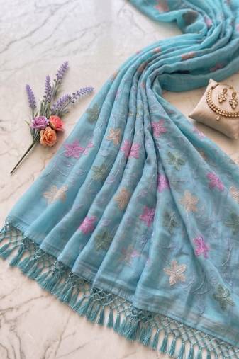 Blue Color  Multicolor floral embroidery Work Silk Blend Saree