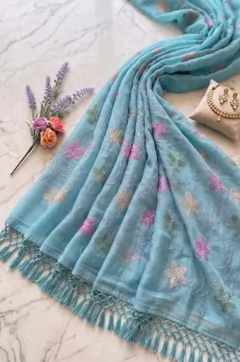 Blue Color  Multicolor floral embroidery Work Silk Blend Saree
