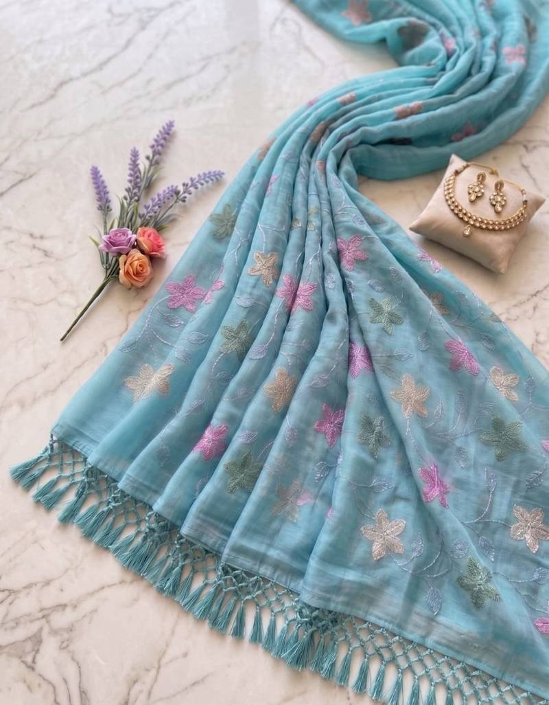 Blue Color  Multicolor floral embroidery Work Silk Blend Saree