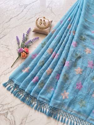 Blue Color  Multicolor floral embroidery Work Silk Blend Saree 2