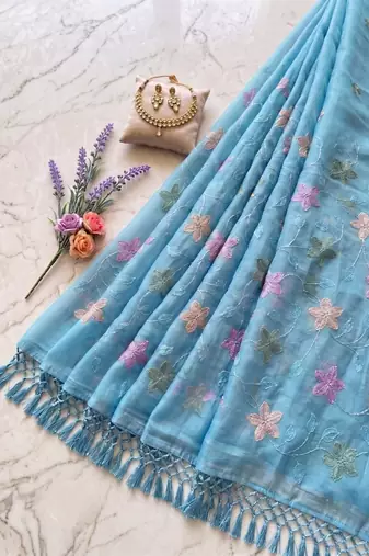 Blue Color  Multicolor floral embroidery Work Silk Blend Saree
