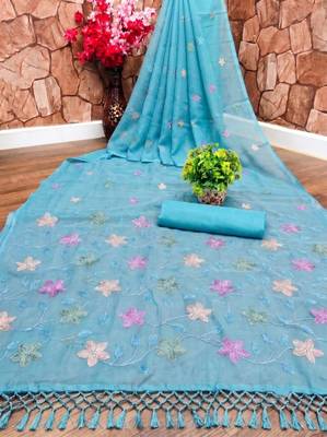 Blue Color  Multicolor floral embroidery Work Silk Blend Saree 3