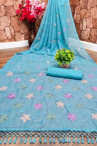 Blue Color  Multicolor floral embroidery Work Silk Blend Saree