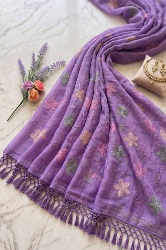Lavender Color  Multicolor floral embroidery Work Silk Blend Saree