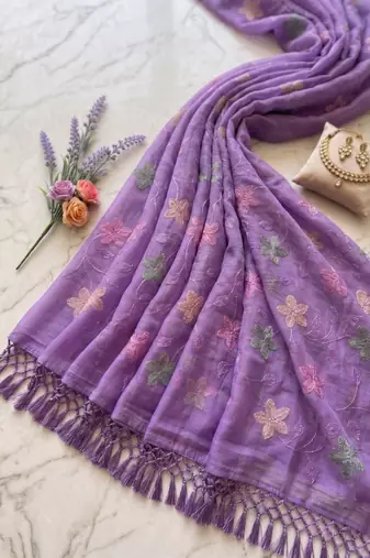 Lavender Color  Multicolor floral embroidery Work Silk Blend Saree