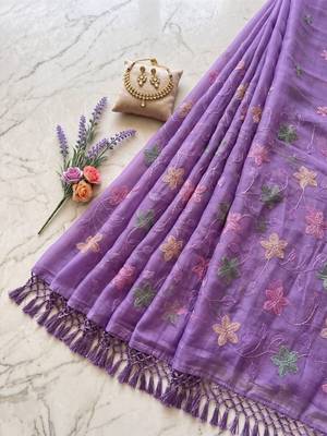 Lavender Color  Multicolor floral embroidery Work Silk Blend Saree 2