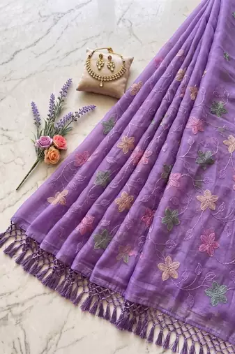 Lavender Color  Multicolor floral embroidery Work Silk Blend Saree