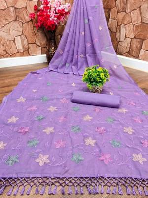 Lavender Color  Multicolor floral embroidery Work Silk Blend Saree 3