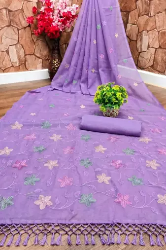 Lavender Color  Multicolor floral embroidery Work Silk Blend Saree