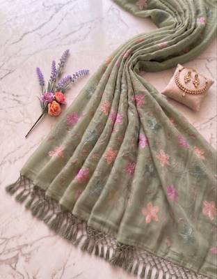 Light Green Color  Multicolor floral embroidery Work Silk Blend Saree 1