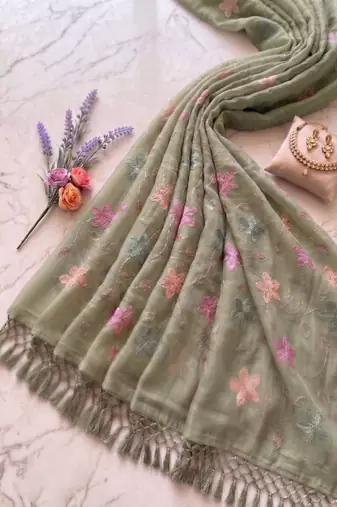 Light Green Color  Multicolor floral embroidery Work Silk Blend Saree