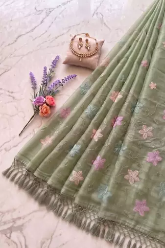 Light Green Color  Multicolor floral embroidery Work Silk Blend Saree