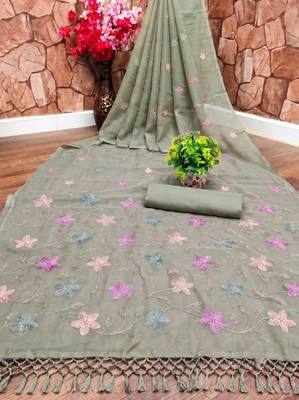 Light Green Color  Multicolor floral embroidery Work Silk Blend Saree 3