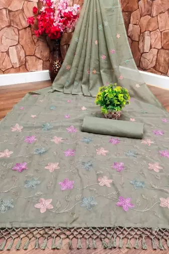 Light Green Color  Multicolor floral embroidery Work Silk Blend Saree