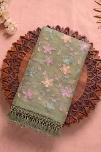 Light Green Color  Multicolor floral embroidery Work Silk Blend Saree