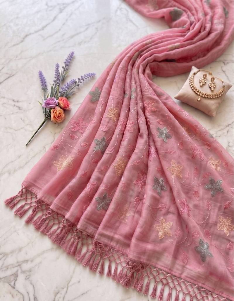 Pink Color  Multicolor floral embroidery Work Silk Blend Saree