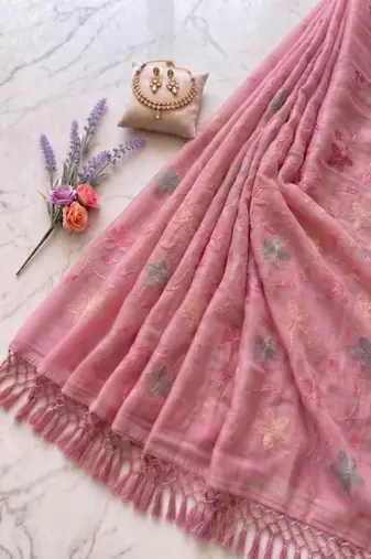 Pink Color  Multicolor floral embroidery Work Silk Blend Saree