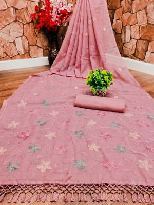 Pink Color  Multicolor floral embroidery Work Silk Blend Saree 3