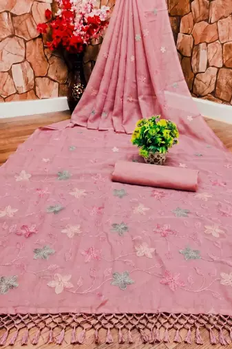 Pink Color  Multicolor floral embroidery Work Silk Blend Saree