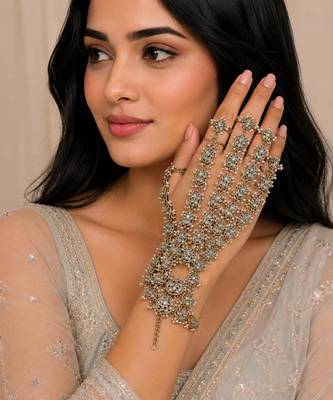 White stone ad stone & agate stone haath phool (hath panja), antique gold plated 1