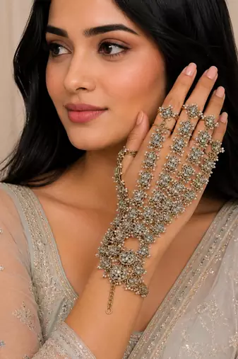 White stone ad stone & agate stone haath phool (hath panja), antique gold plated
