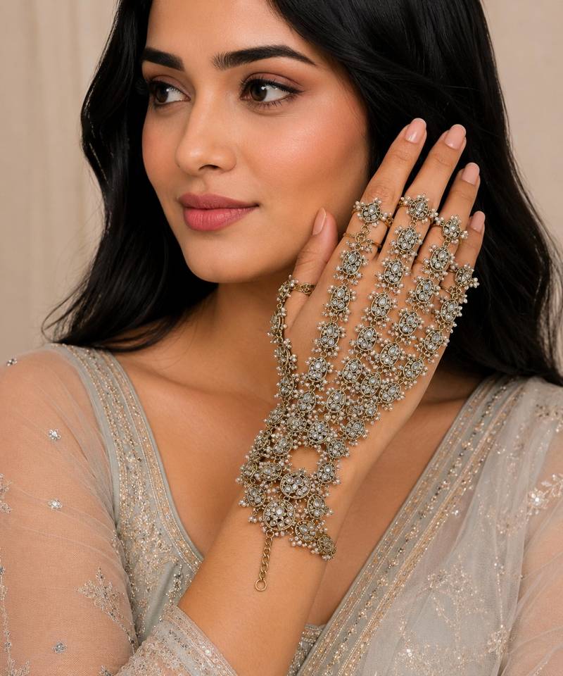 White stone ad stone & agate stone haath phool (hath panja), antique gold plated