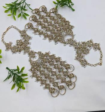 White stone ad stone & agate stone haath phool (hath panja), antique gold plated 3
