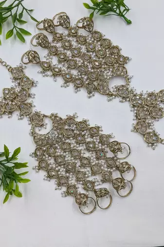 White stone ad stone & agate stone haath phool (hath panja), antique gold plated