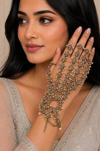 Lct stone ad stone & agate stone haath phool (hath panja), antique gold plated