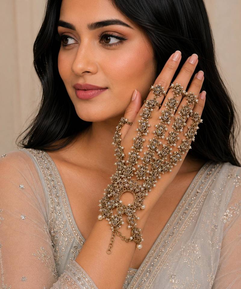 Lct stone ad stone & agate stone haath phool (hath panja), antique gold plated